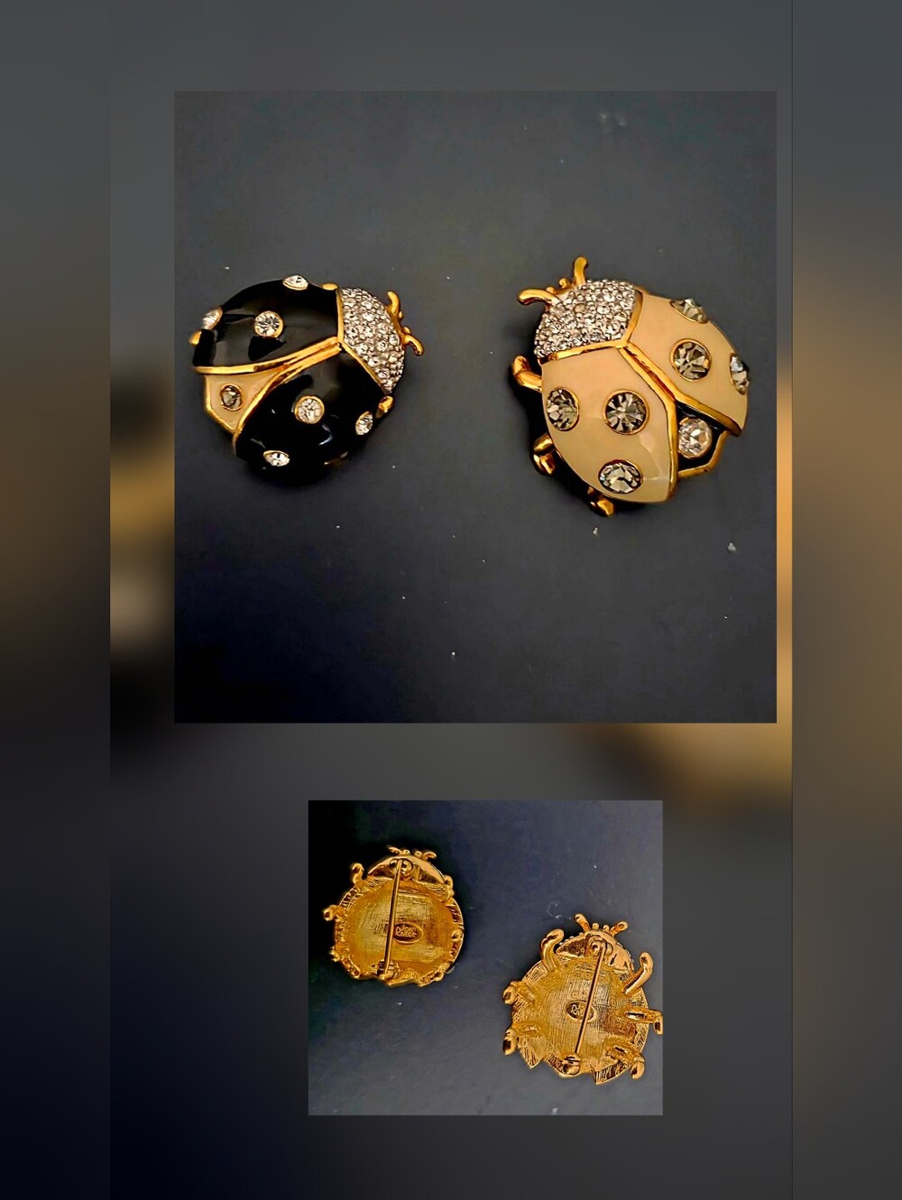 Joan Rivers Gold-Tone Ladybug Brooches with Black and Cream Enamel